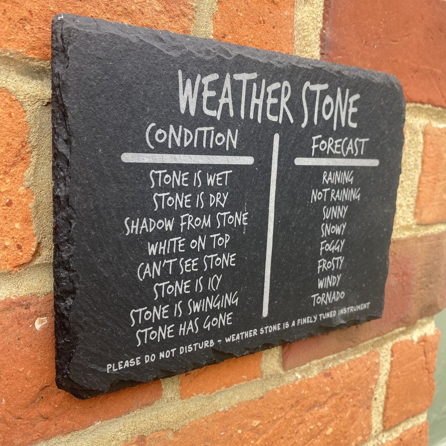 Detail shot of weather stone forecasting set showing texture and engraving