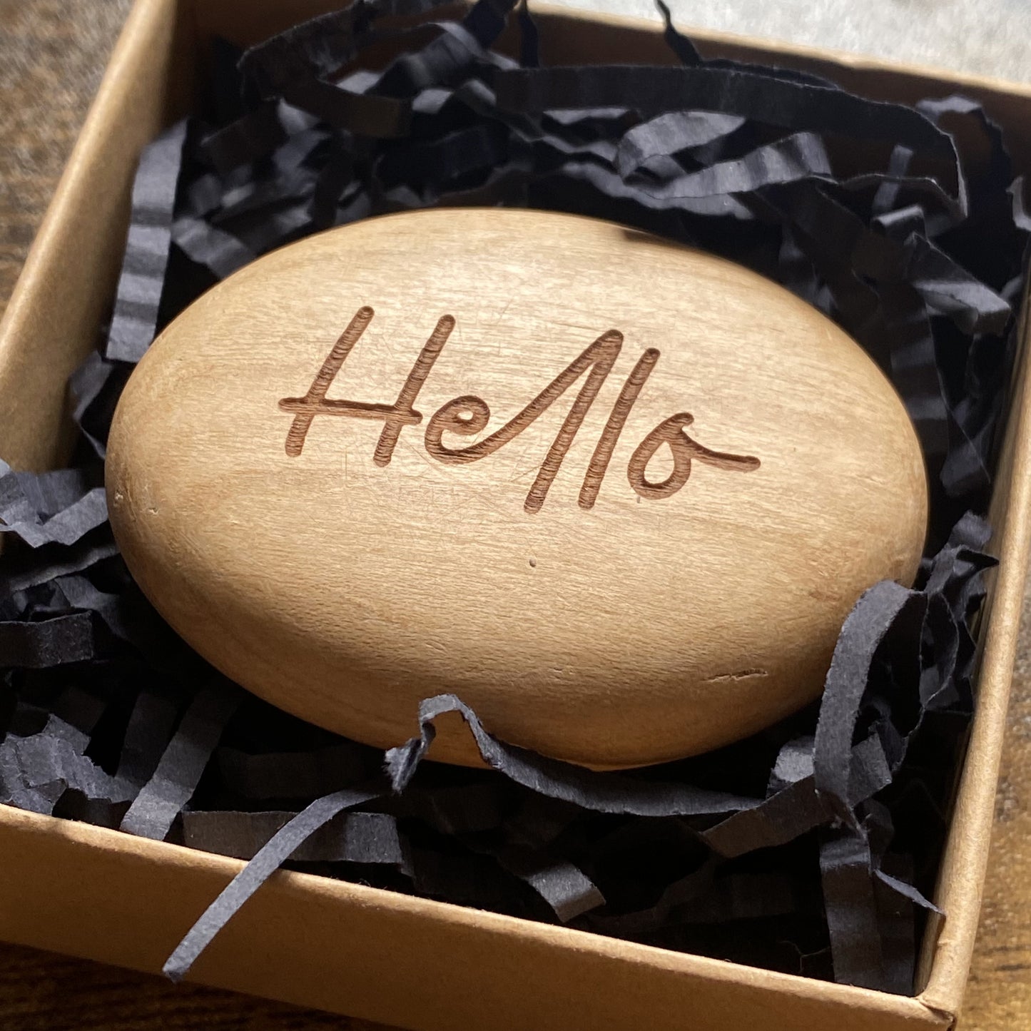 Affirmation pebble engraved with ‘Hello’ – wooden keepsake gift shown in presentation box