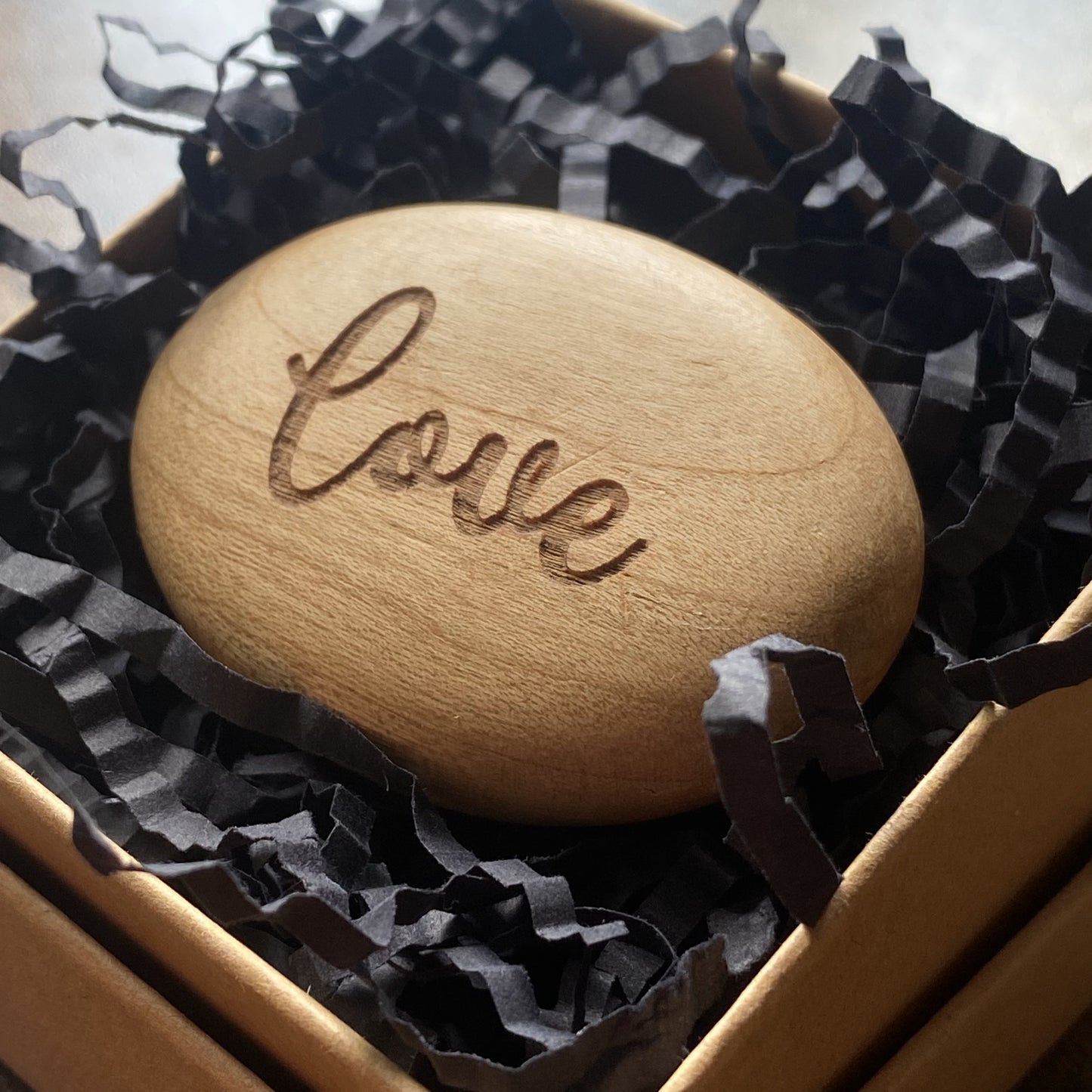 Love’ engraved on tactile wooden pocket pebble – presented in gift box for comfort and connection