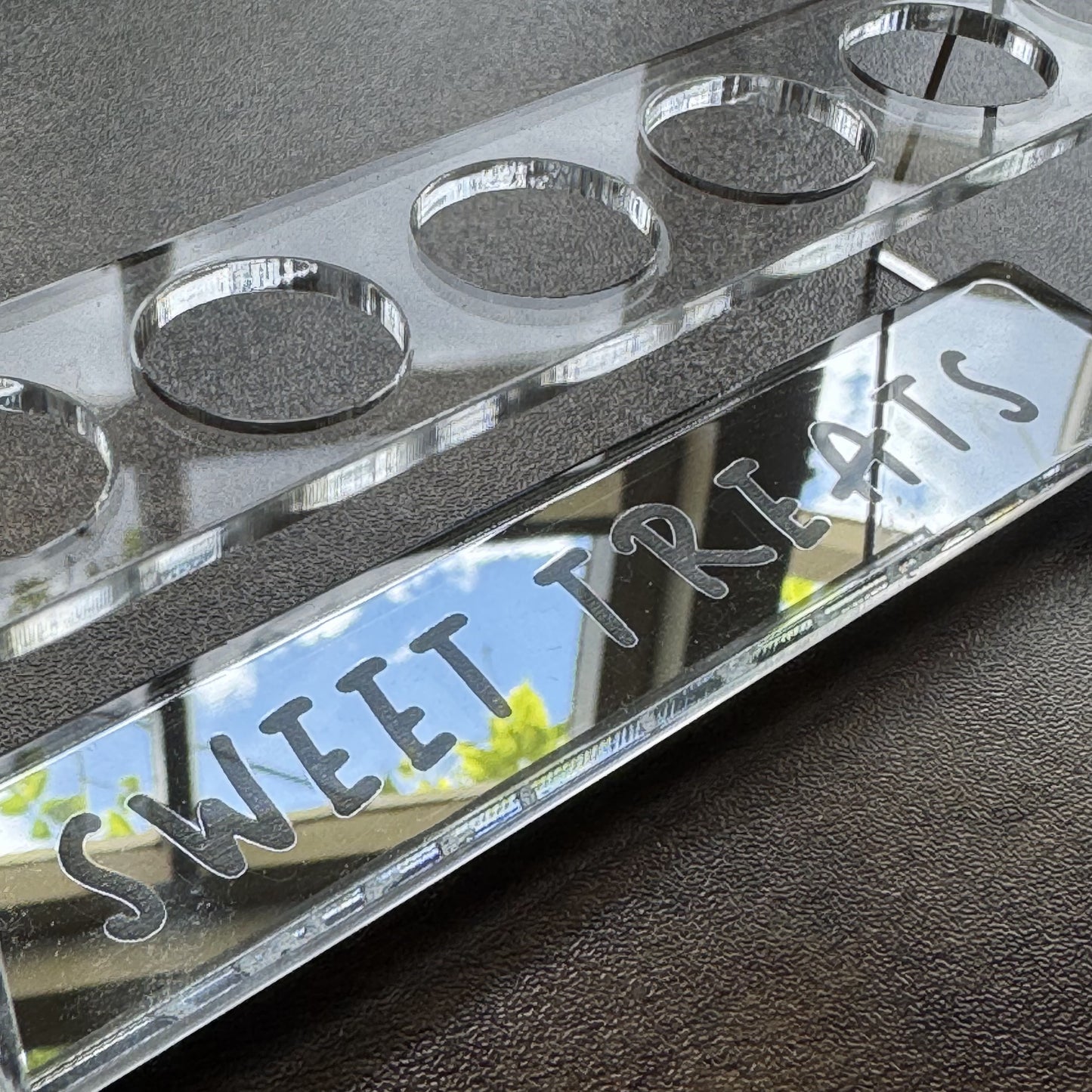 Close-up of empty Sweet Sprinkles Test Tube Fun stand with “Sweet Treats” engraving - cute gifting for children parties