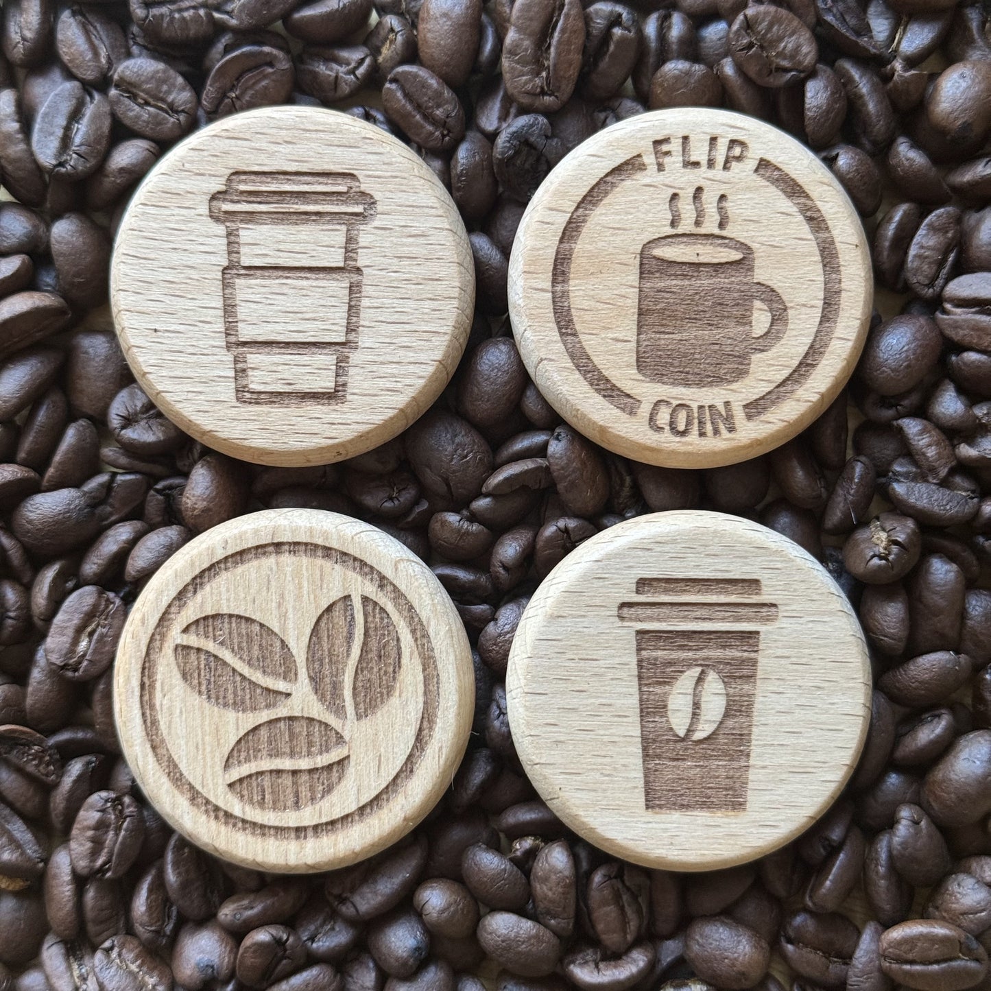 Four coffee-themed sides of the Flip Coin – Tea or Coffee: Outline, Beans, Teabag, and Steaming