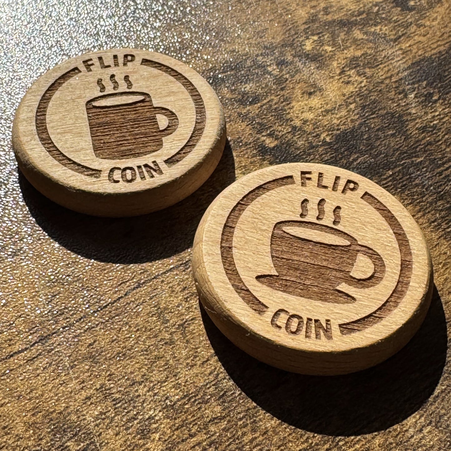 Tea or Coffee Decision Maker Coin - Steaming Design - Engraved wooden coin with steaming mug design