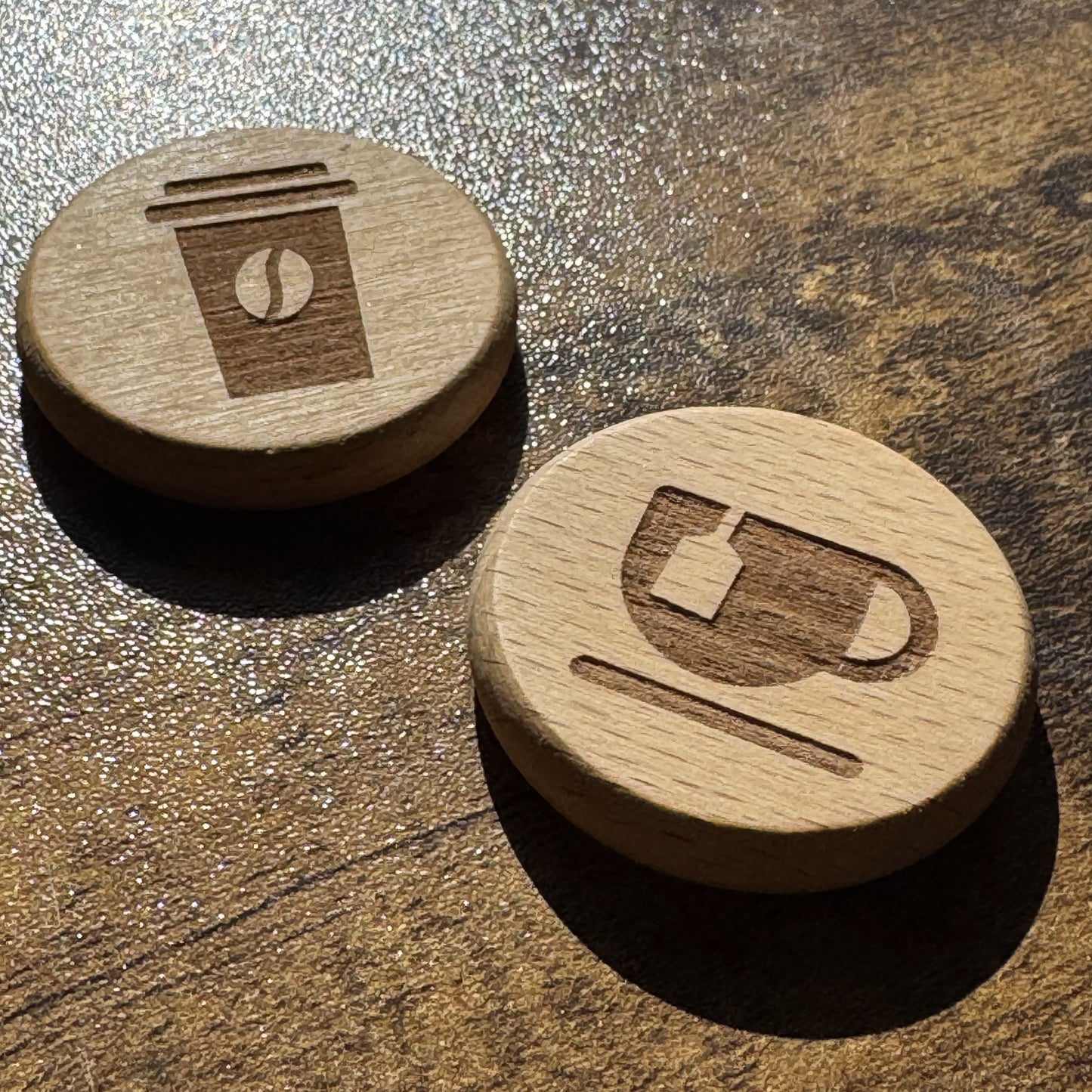 Tea or Coffee Decision Maker Coin - Teabag Design - Engraved wooden coin with teabag and bean detail design