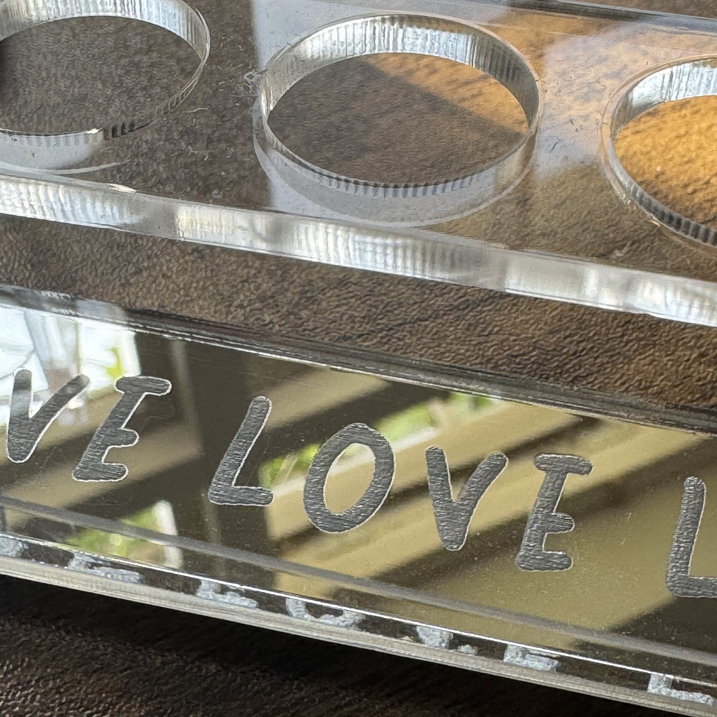 Close-up of Party Time Cocktail Set test tube with “Live Love Laugh” mirror engraving