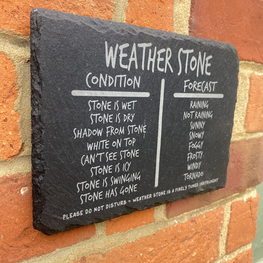 Detail shot of weather stone forecasting set showing texture and engraving