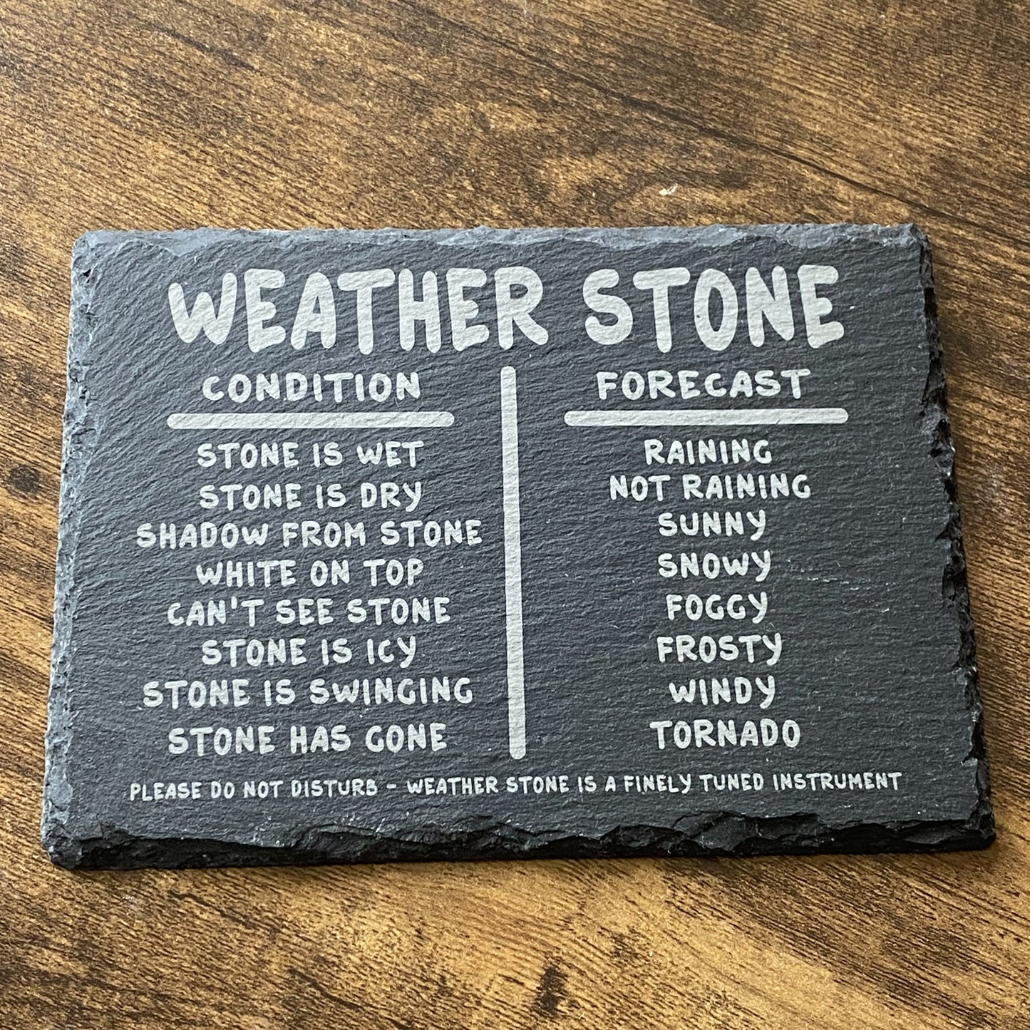 Weather stone forecasting plaque in Stone Age design with bold lettering