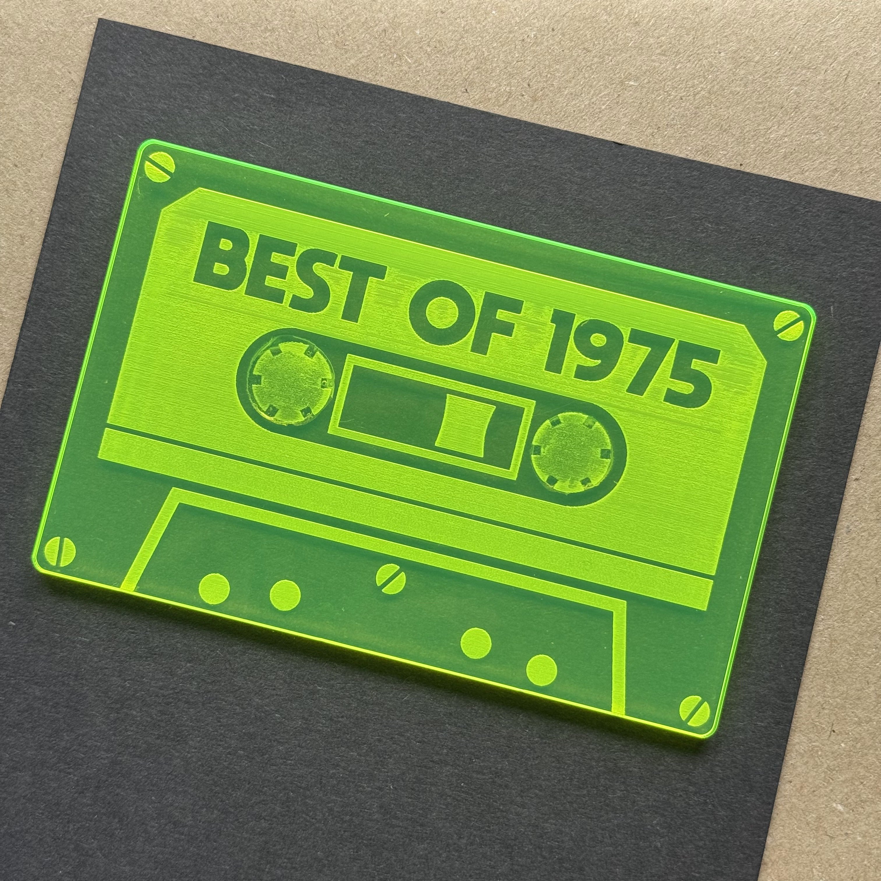 Acrylic retro cassette tape embellishment with “Class of 1975” engraving, displayed on a birthday card