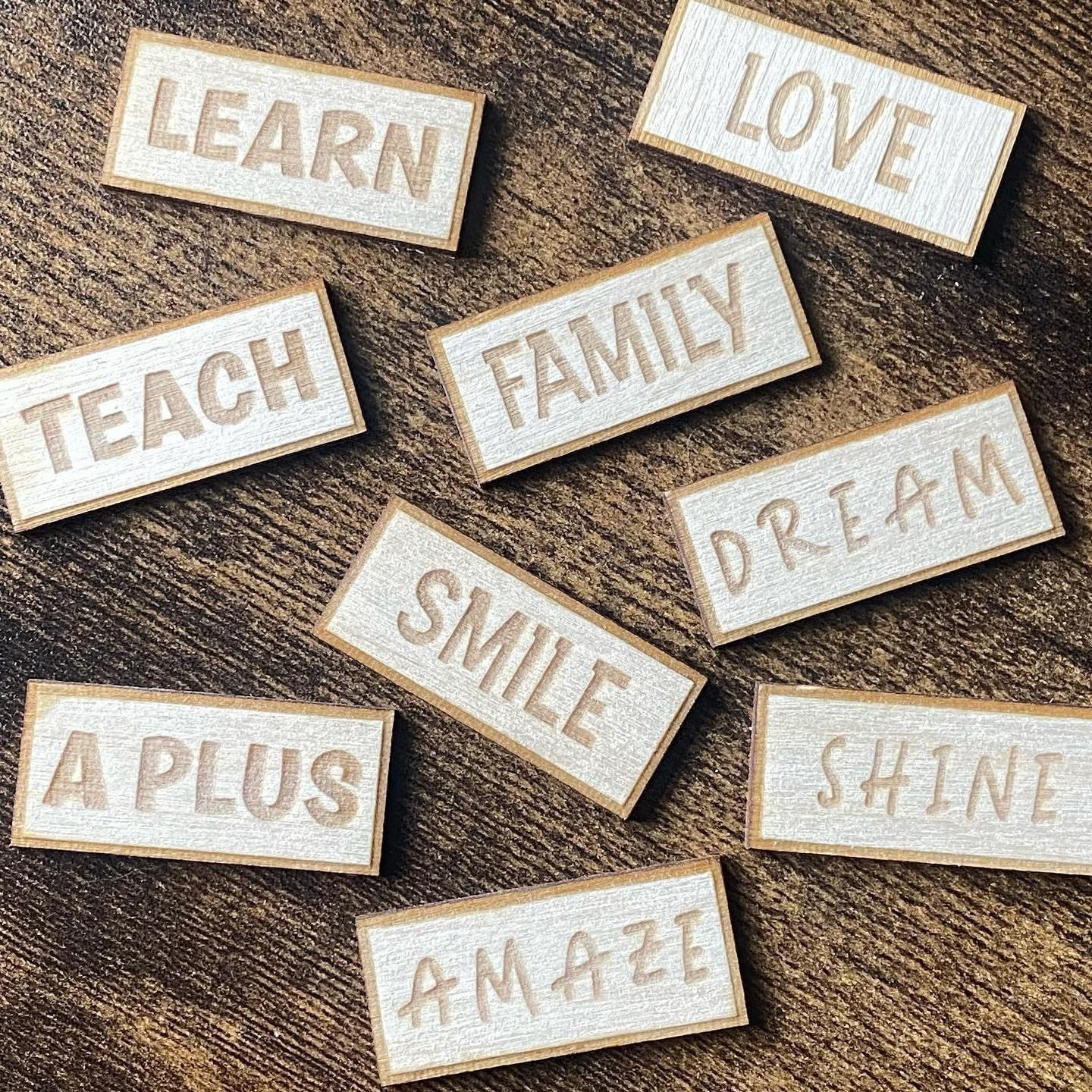 Set of small wooden plaques engraved with positive affirmation messages, ideal for personal inspiration or gifting