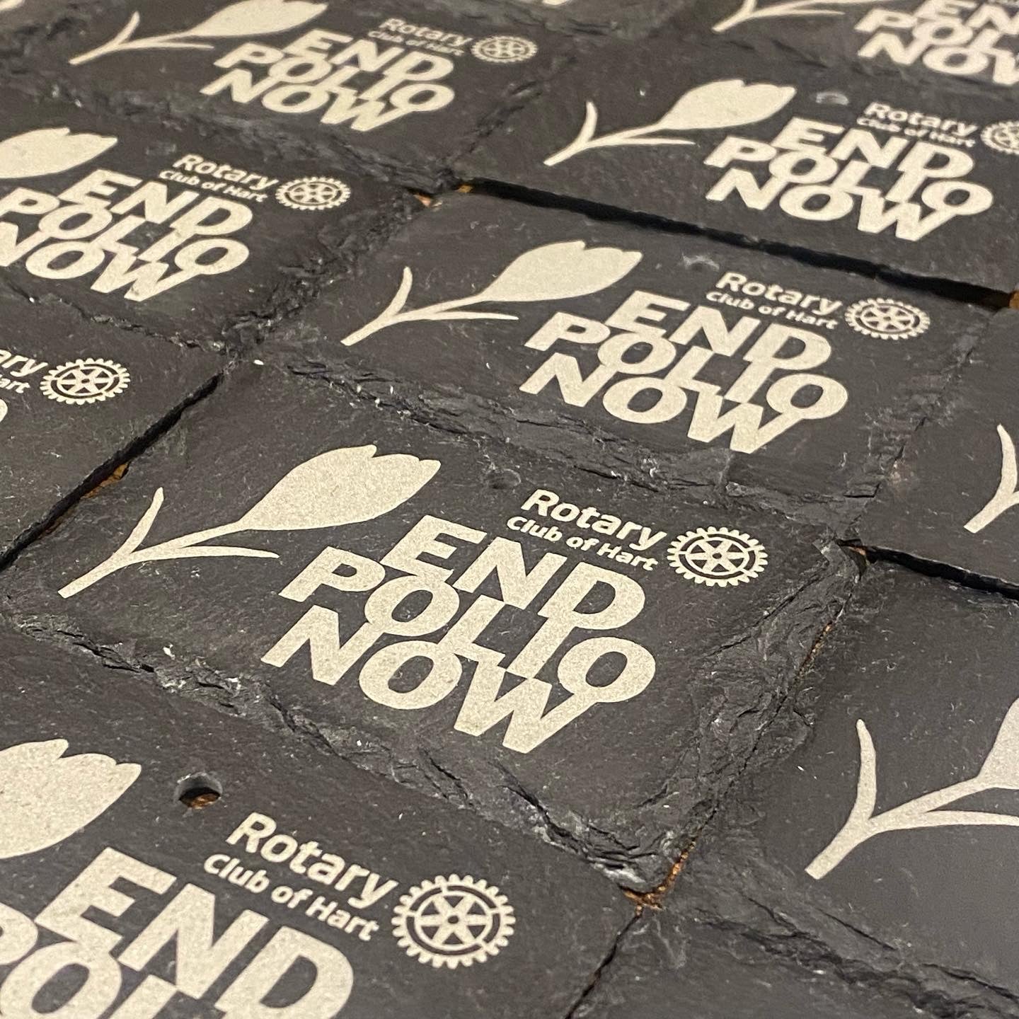 Batch of engraved slate mini plaques reading ‘End Polio’, produced by In the Oaks for a Rotary campaign