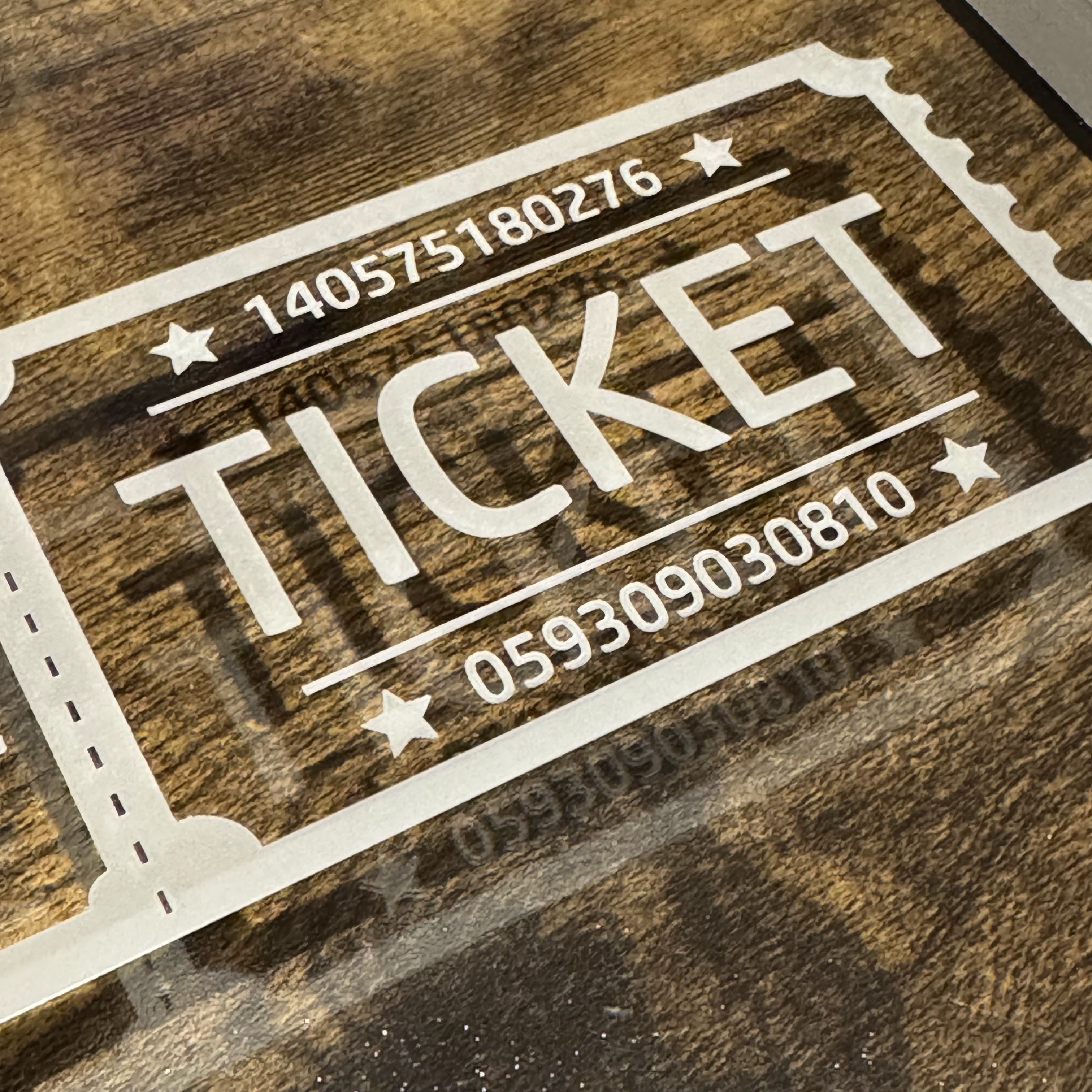Engraved wooden keepsake in admission ticket style – personalised with key dates and special reminders