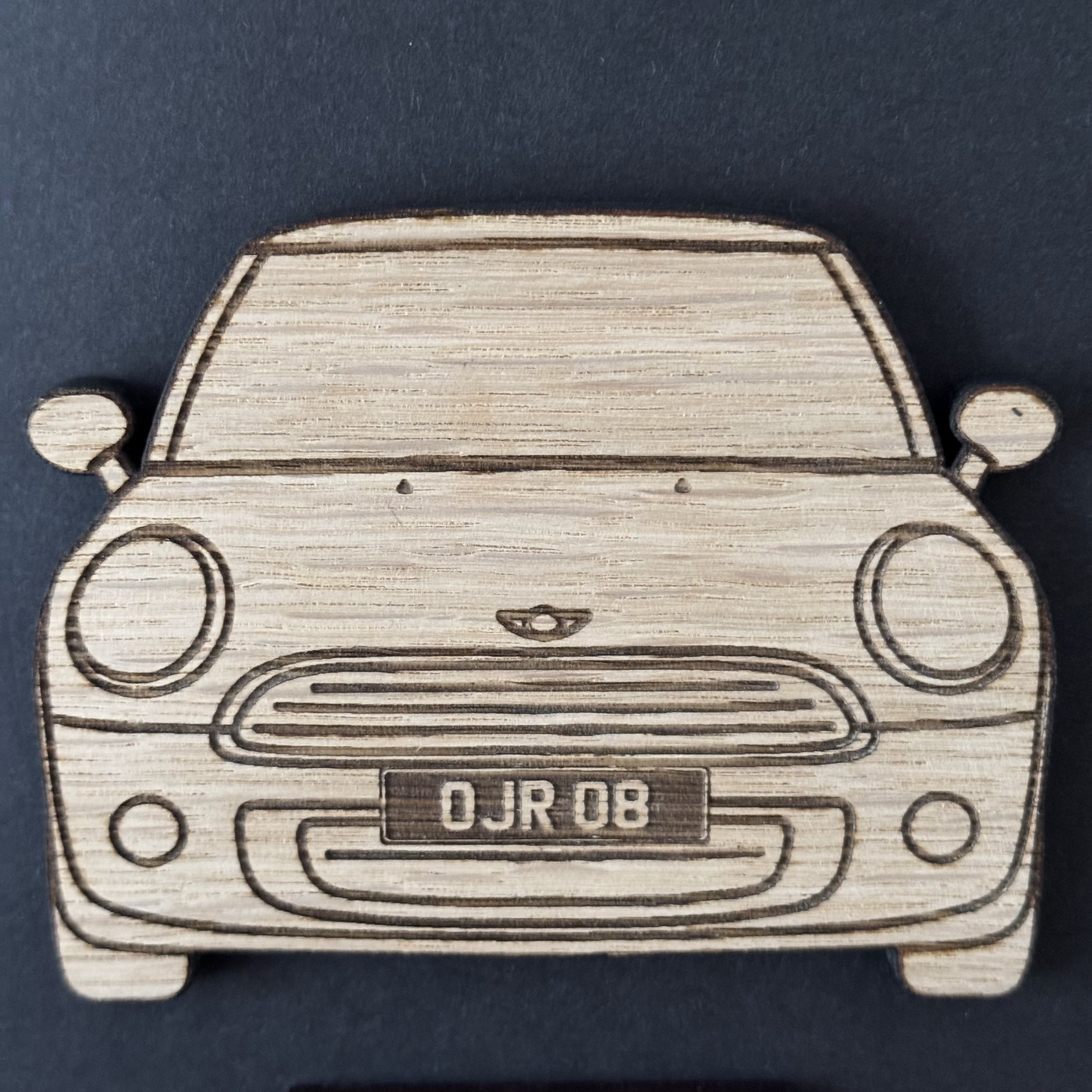 Engraved wooden keepsake of first car – Mini silhouette with personalised numberplate detail