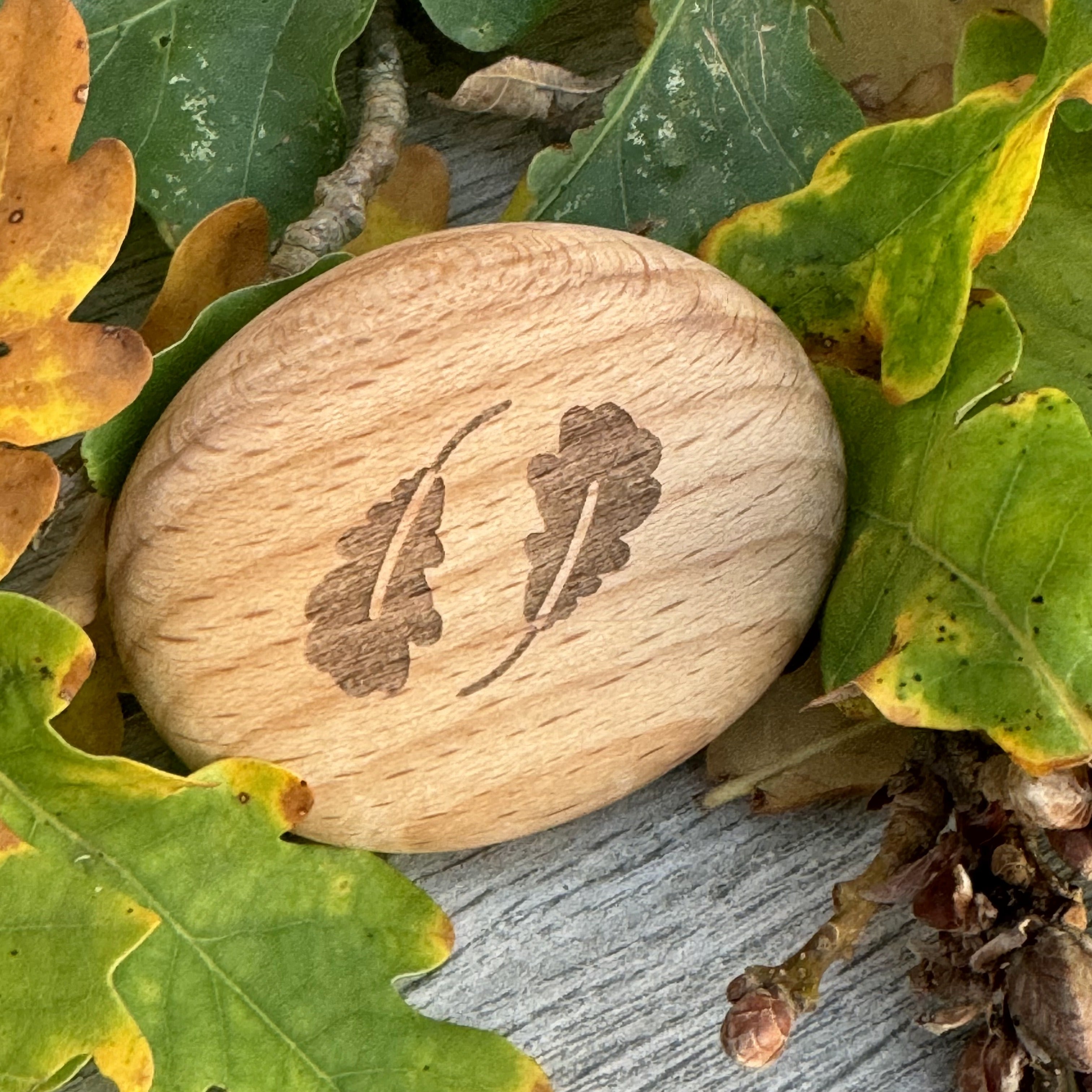 Engraved wooden pocket pebble with name and sentimental oak leaf design taken from family garden tree - keepsake for a university leaver