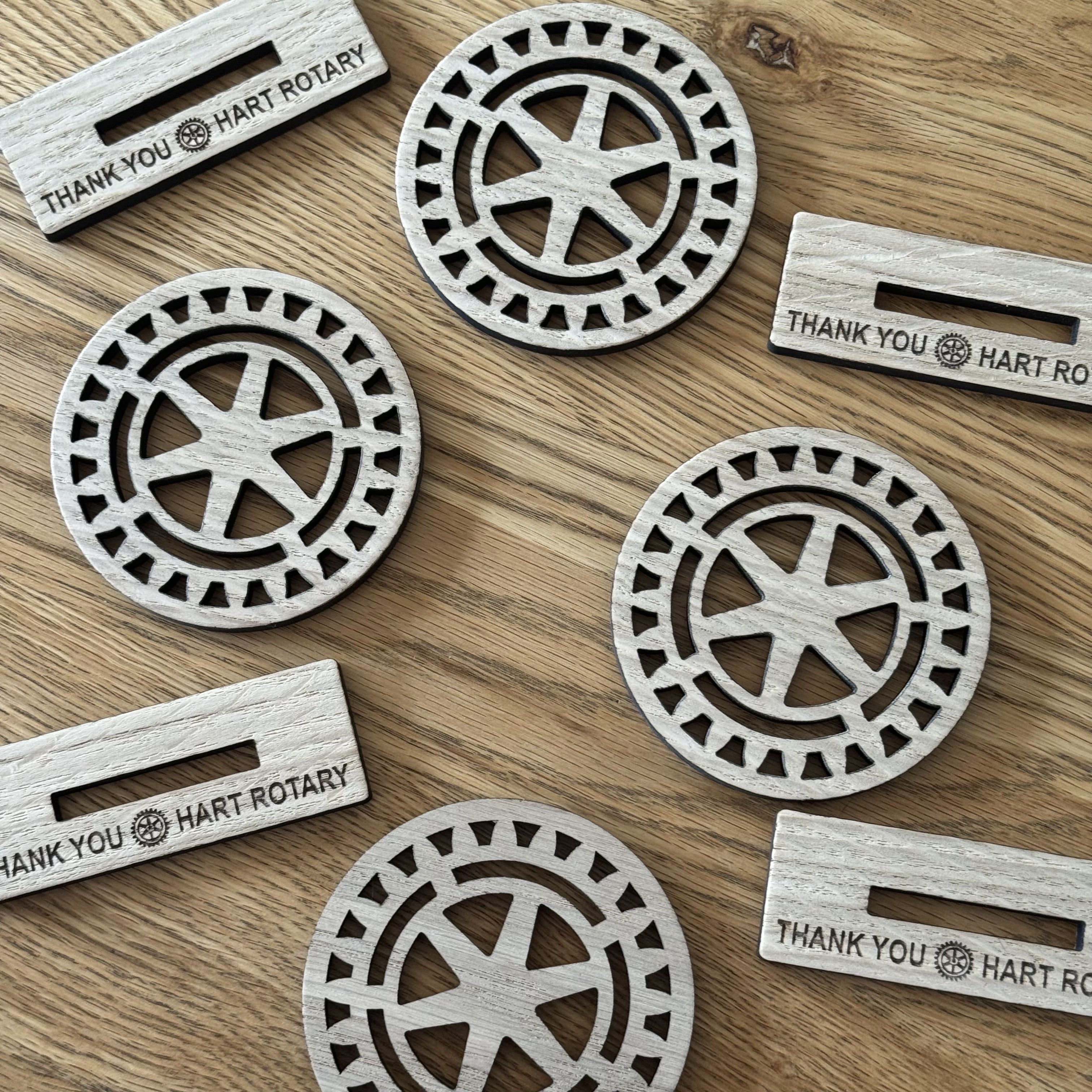 Wooden coaster inspired by the Rotary Club logo paired with precision engraved stand – transforming a practical piece into a small work of art - thoughtful gift or keepsake for club members, volunteers, or event speakers.