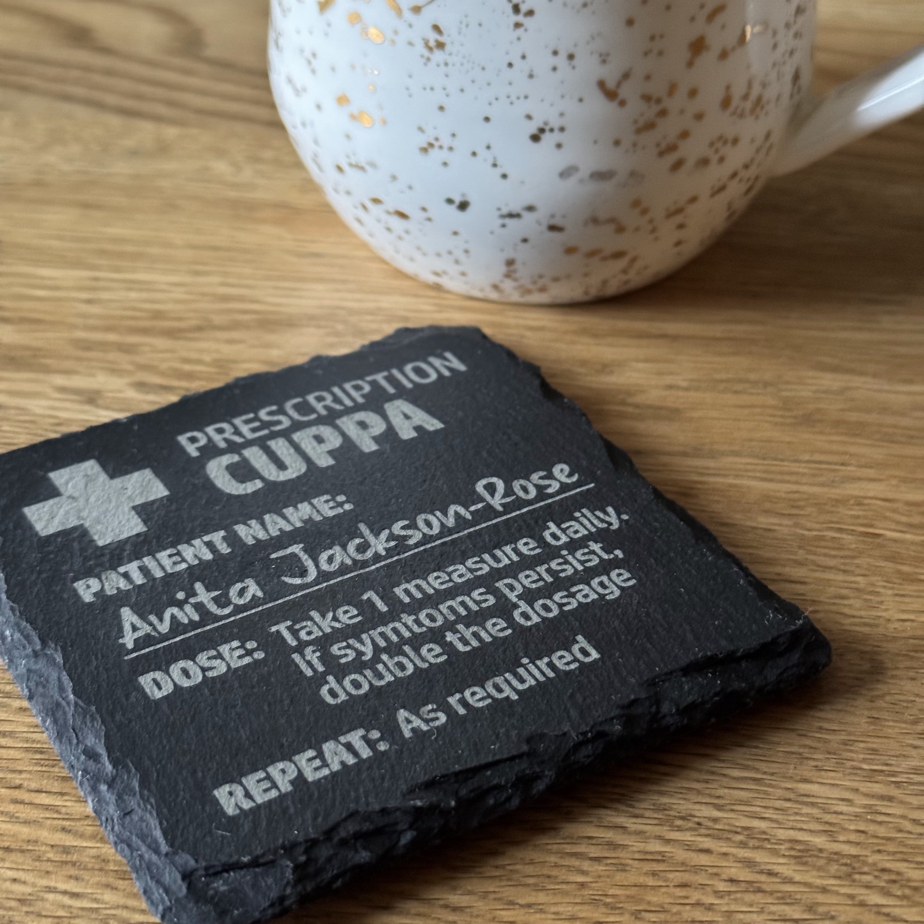 Personalised prescription-style slate coaster – fun engraved coffee gift with playful caffeine dosage theme