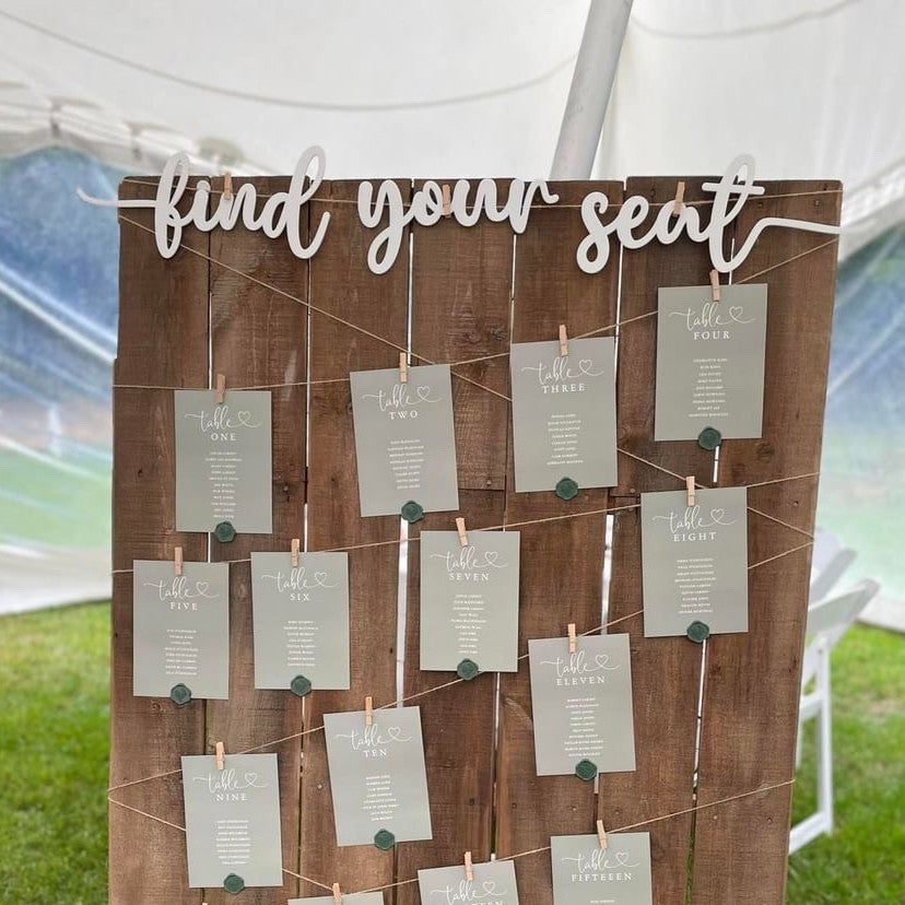 Laser cut “Find Your Seat” sign for a wedding seating plan, crafted in elegant script for stylish event décor