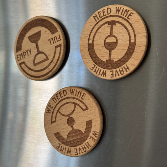 Three wooden wine status dials with 'Need Wine' and 'We Need Wine' text, handy magnetic attachment to fridge.