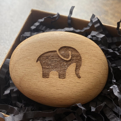 Good luck elephant engraved on wooden pocket pebble – meaningful charm in a presentation gift box
