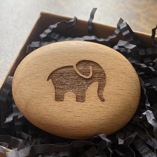 Good luck elephant engraved on wooden pocket pebble – meaningful charm in a presentation gift box