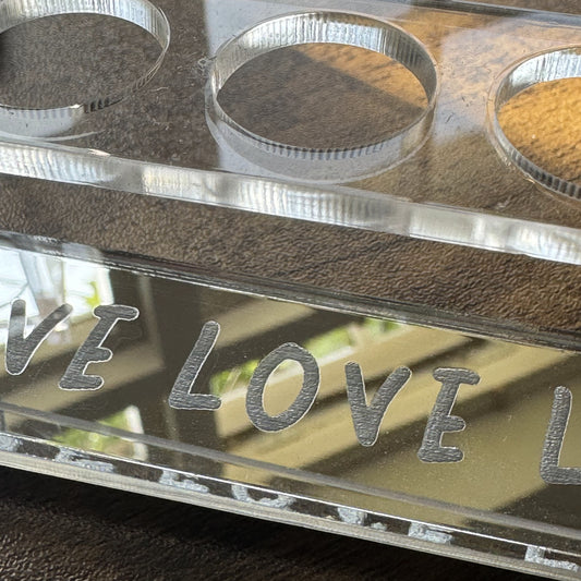 Close-up of Party Time Cocktail Set test tube with “Live Love Laugh” mirror engraving