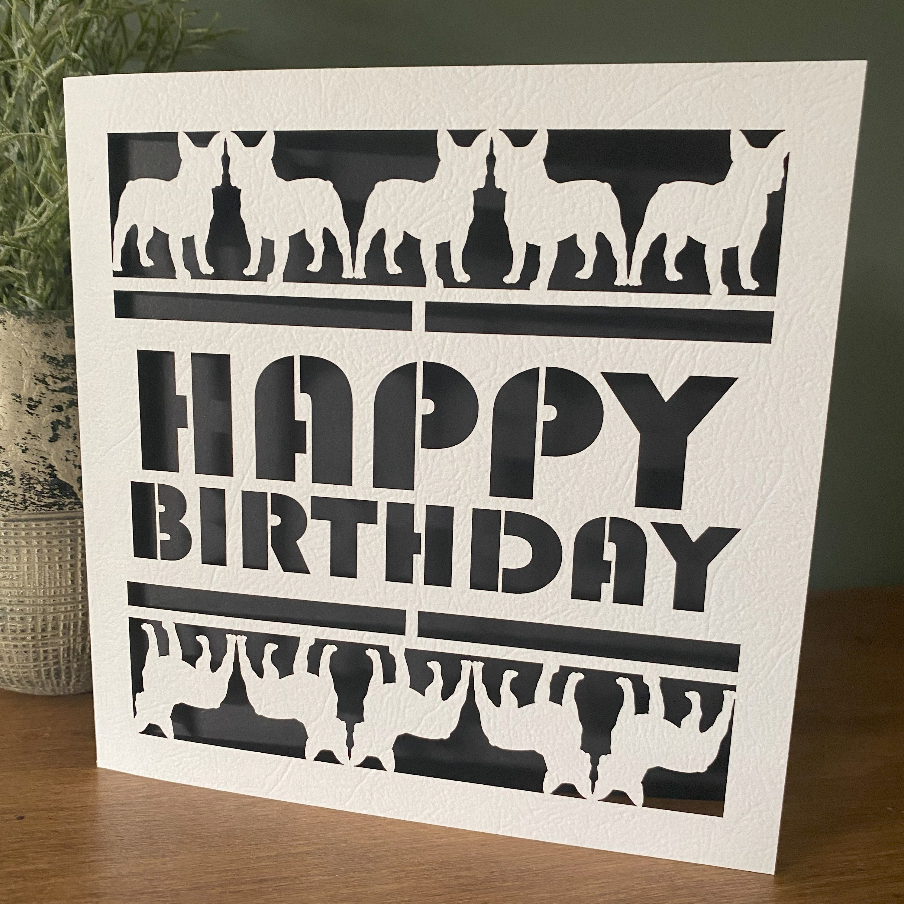 Laser cut greeting card featuring a pet-themed cut out design, perfect for birthdays, celebrations, or Father’s Day