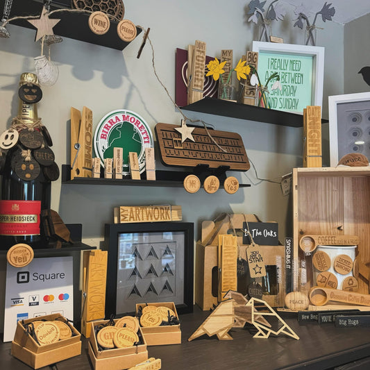 Variety of crafted products artfully displayed within on the shelves at the In The Oaks studio 