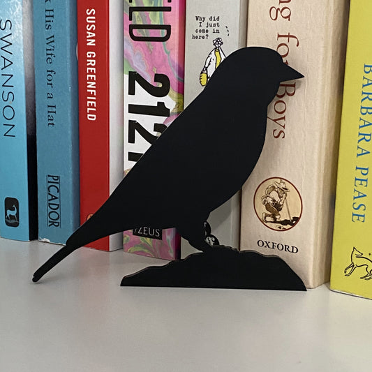 British goldfinch bird silhouette sculpture for garden or interior display on bookcase