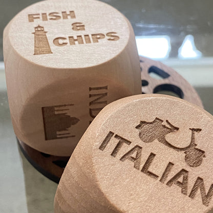 Takeout Decision Dice pair shown in a relaxed home environment, ready for dinner decision-making